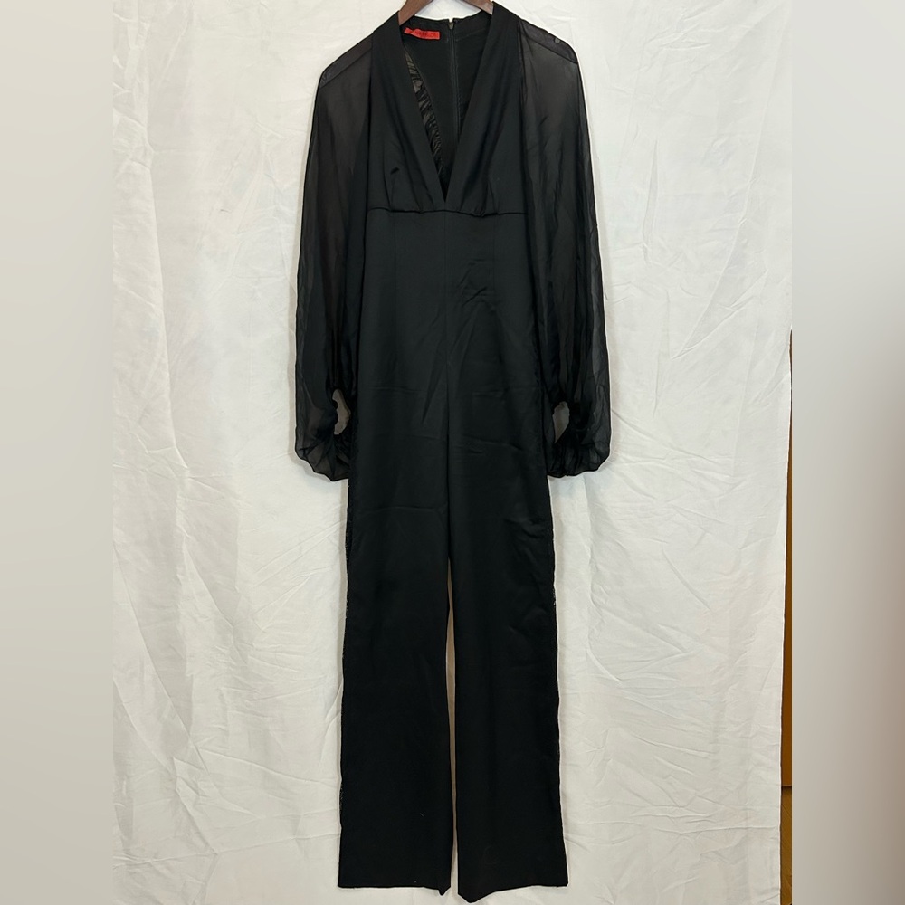 Tamara Mellon Sheer-Sleeve Black Jumpsuit